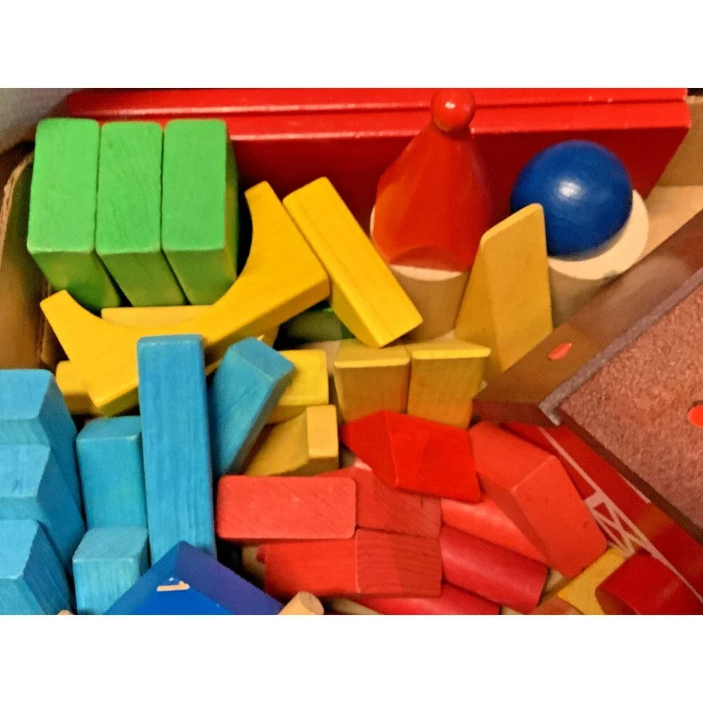 Vtg Wood Blocks TC Timber Huge Set Funland Farm Town Animals People 120+ Pieces